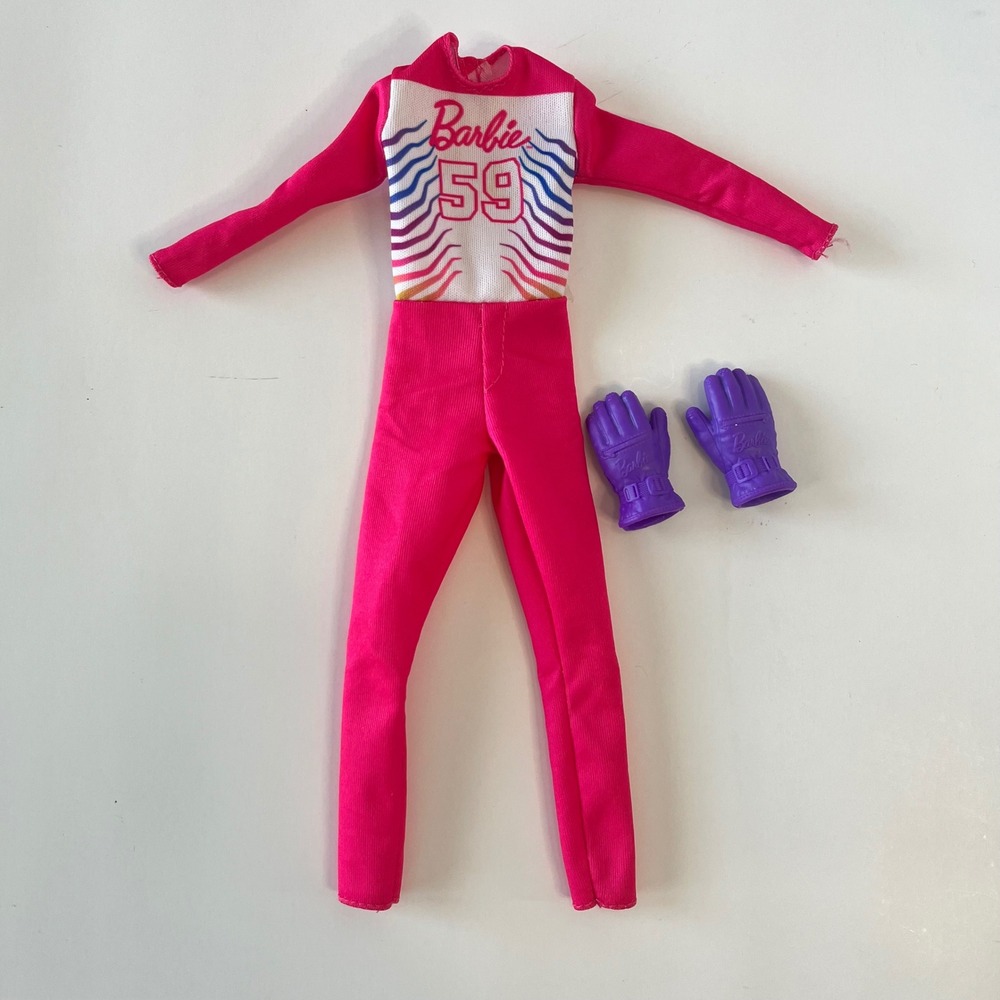 Mattel‎ Barbie 59 Pink alpine Jumpsuit Outfit with Purple Gloves Doll Clothes